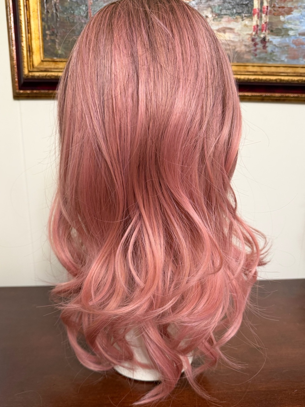 LONAI Ombre soft rose Pink Wavy Wig | Dark Roots Shoulder mid Length - Picture 6 of 10